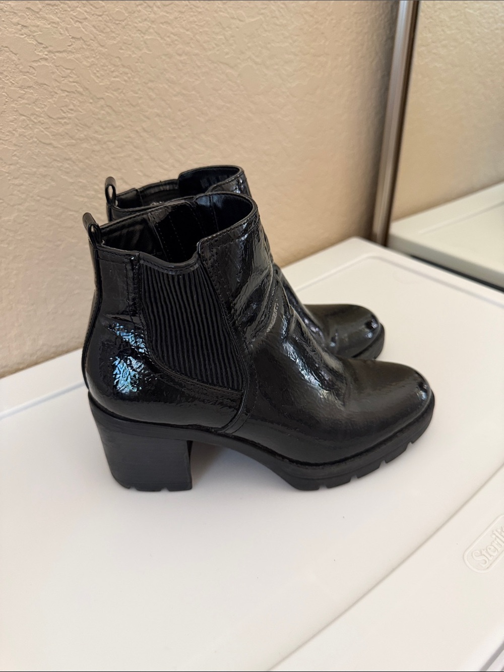 Black Patent Chelsea Block Heel Waterproof Ankle Boots - Women